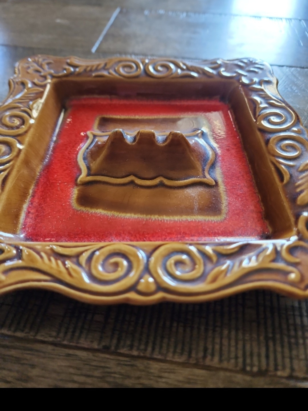 Vtg 60s Brown and Red Ceramic Ashtray Dish - Home Decor